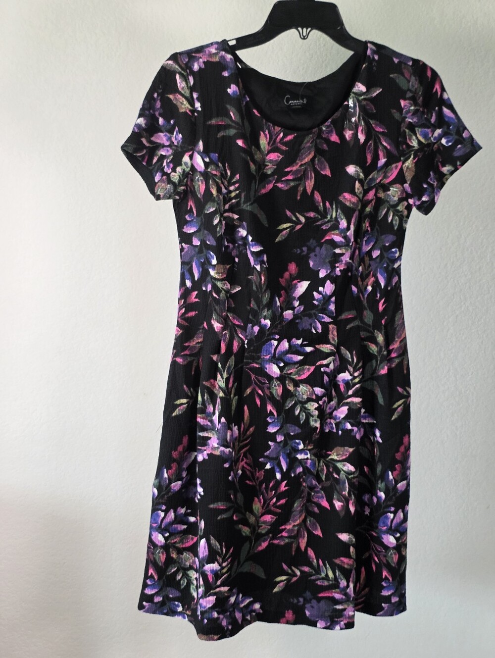 Connected Apparel Size 6 Black Floral Fit Flare A-Line Midi Dress Pink Purple - Picture 2 of 9